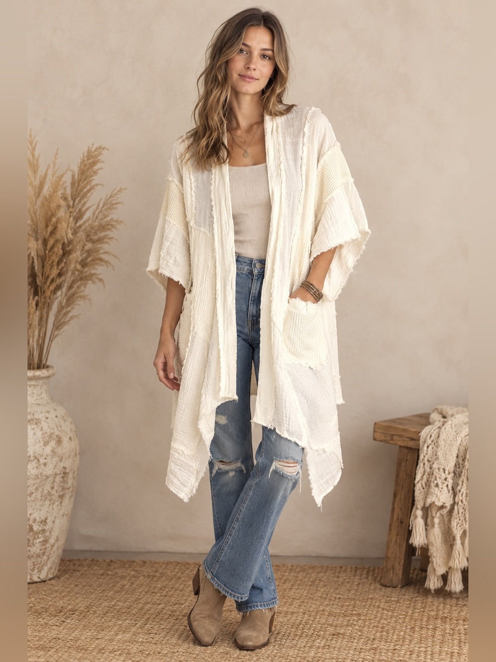 POL Cream Patchwork Open-Front Kimono